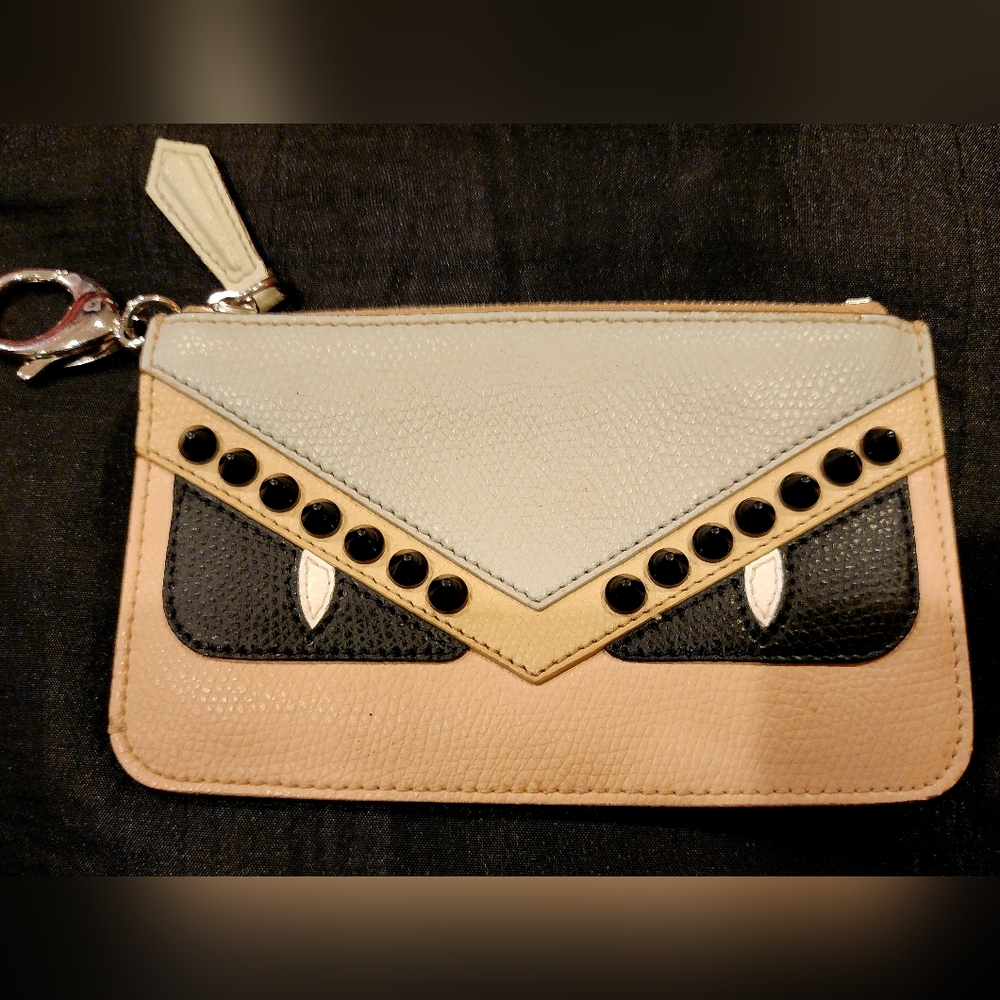 RARE! FENDI Vitello Elite Monster Eyes Studded Coin/Key Pouch Ghiaccio BlackMult